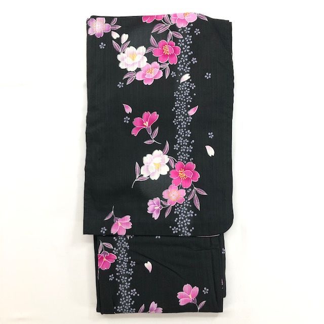 あんこ✺美品未着用 リバーシブル 花柄 葡萄 半幅小袋帯 浴衣 A3226 きものキレイ］浴衣 黒 ピンク花柄 綿 身丈162.5㎝ 裄丈66