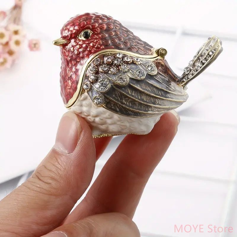 手描きのロビンバードジュエリーボックス - ヒンジ付きエナメルスズメ