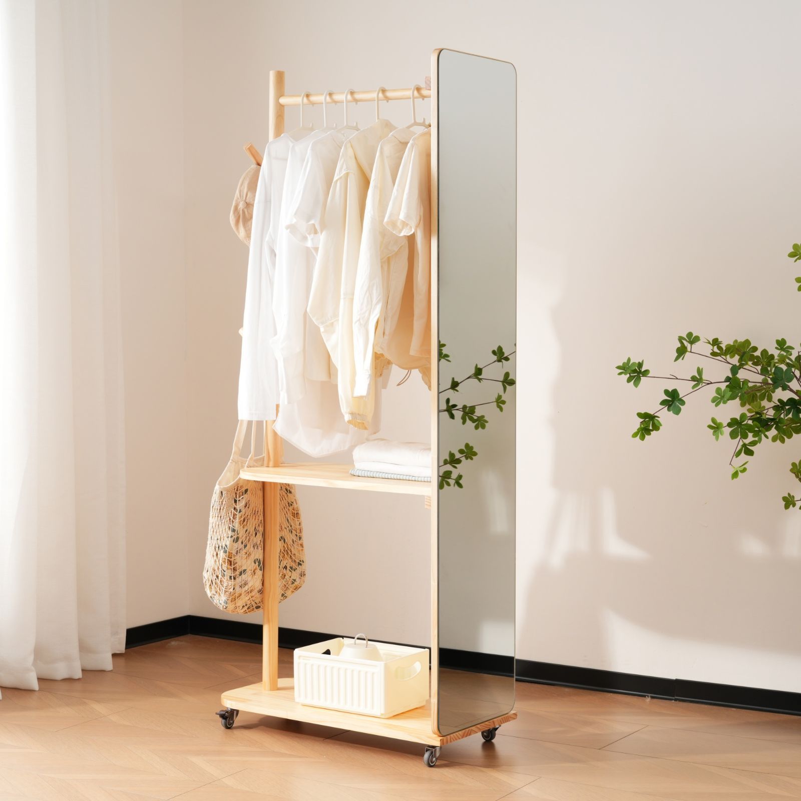 人気 鏡 姿見 玄関 全身 おしゃれ ハンガーラック 収納 スタンド 回転