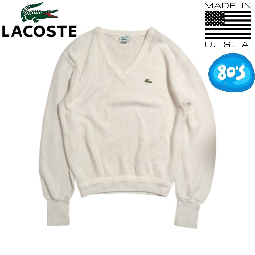 80s IZOD LACOSTE USA製 ホワイト Vネック アクリル ニットセーター イ 