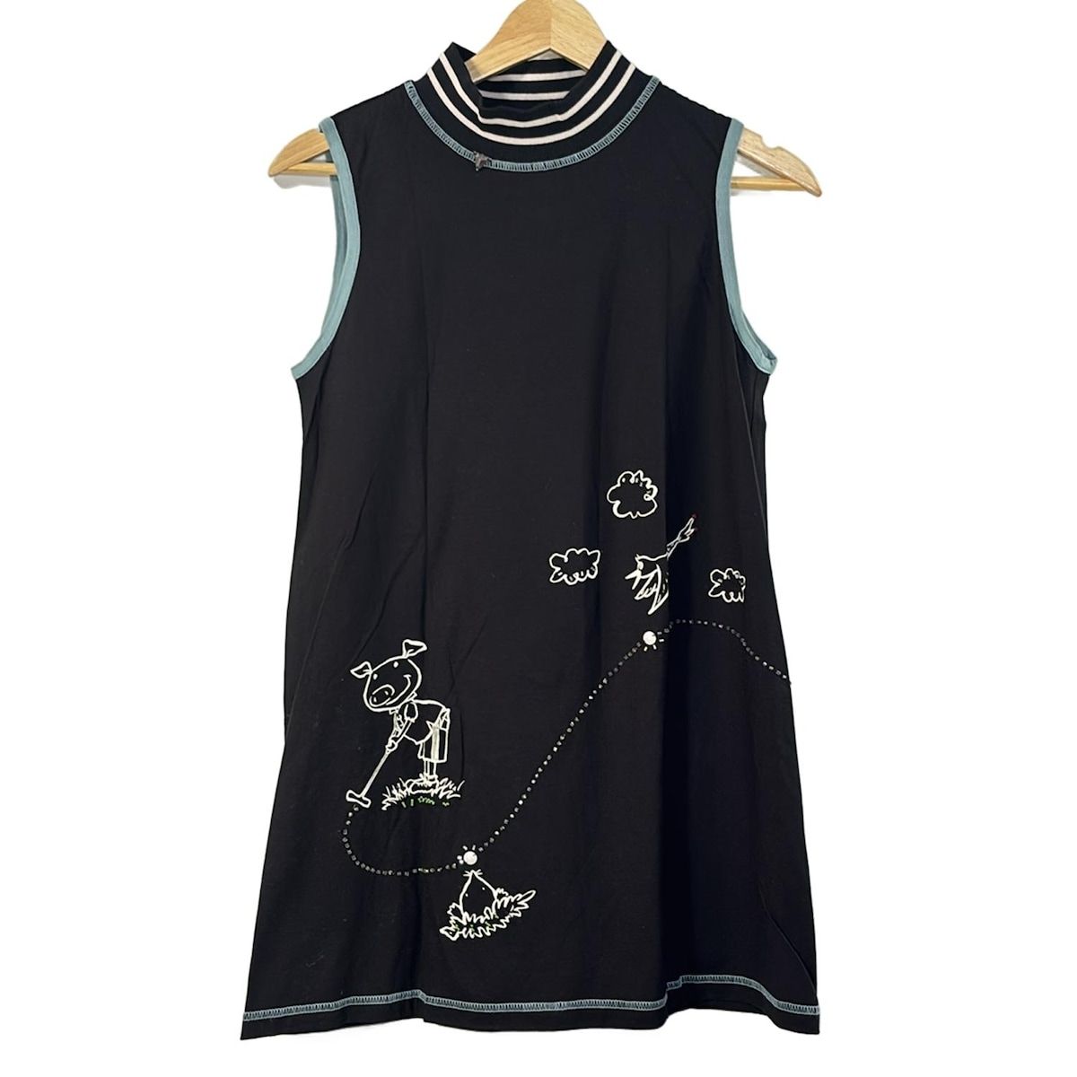 アルベロベロ|オレボレブラ チュニック レディース - 黒×ライトブルー×白 ハイネック|ノースリーブ|ブタ|ビーズ