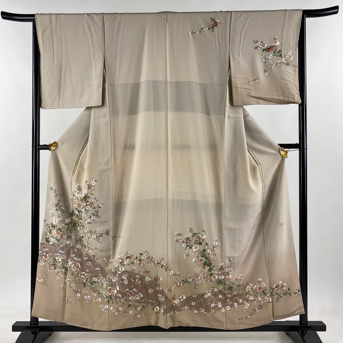 訪問着 身丈157cm 裄丈64.5cm M 袷 枝花 垣根 刺繍 金糸 ベージュ 正絹