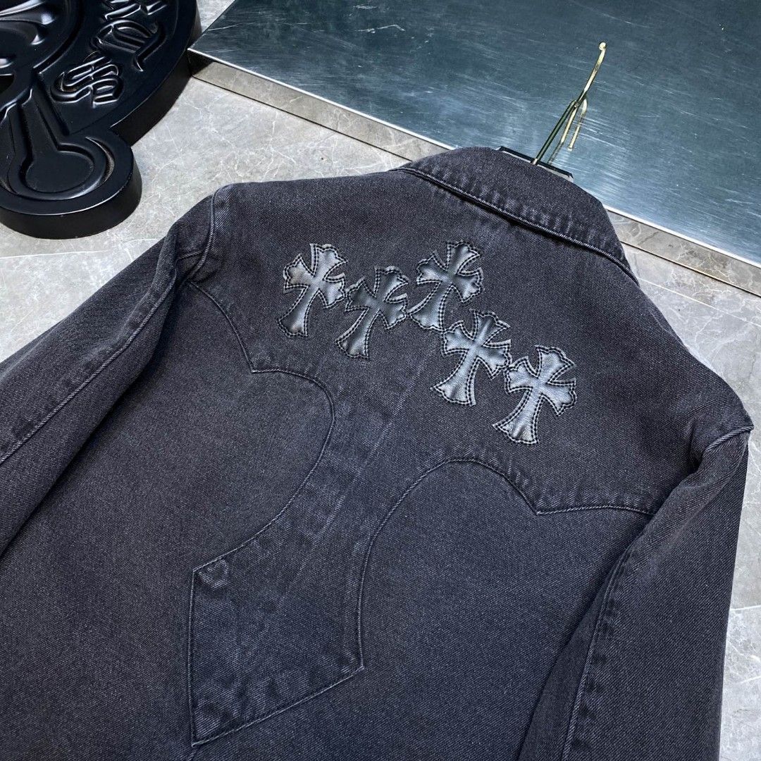 本日限定特価】Chrome Hearts メンズ デニムシャツ 刺繍＆レザー