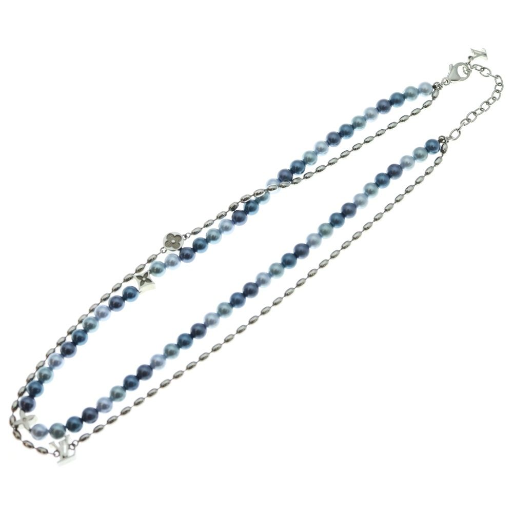 LOUIS VUITTON ルイヴィトン ガラスパール フュージョン LVイニシャル ダブルチェーン ネックレス M02224 ブルー×シルバー