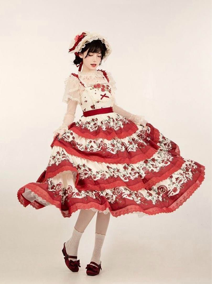 【朝花夕拾】田園プリント 刺繍四段振り jsk水色フリルロリータドレス 森ガール 手紙と詩☆朝花夕拾】田園プリント刺繍四段振りjskロリータ