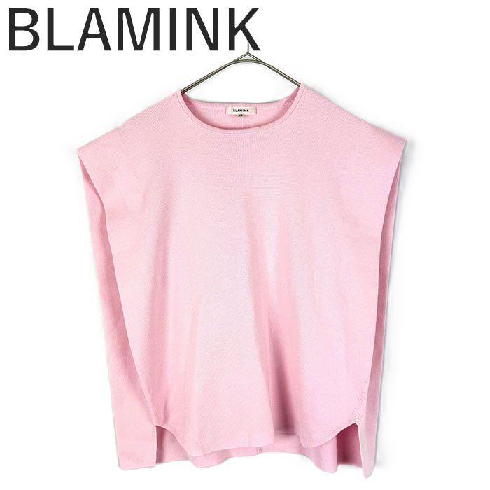 ブラミンク BLAMINK ベスト コットン ニット１４G クルーネック ノ―スリーブ フレンチスリーブ ピンク