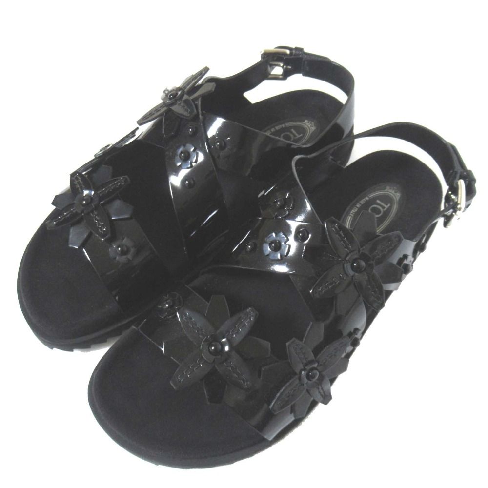 ♥ TOD S トッズ パテントレザー フラワーモチーフ スリングバック サンダル サイズ37 約24cm ブラック レディース 古着