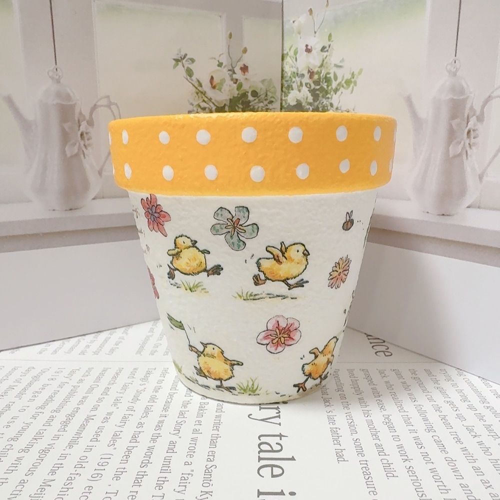 CN-33〗リメイク鉢♡デコパージュ♡《大》 黄色ニワトリと