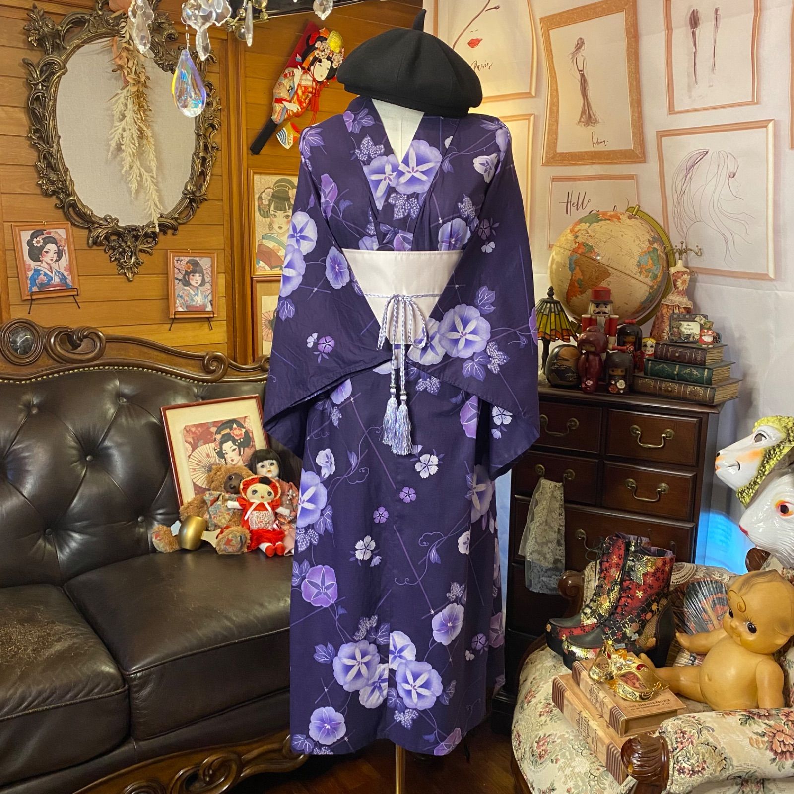 浴衣リメイク セミロング ワンピース ドレス 帯サッシュベルト 和洋