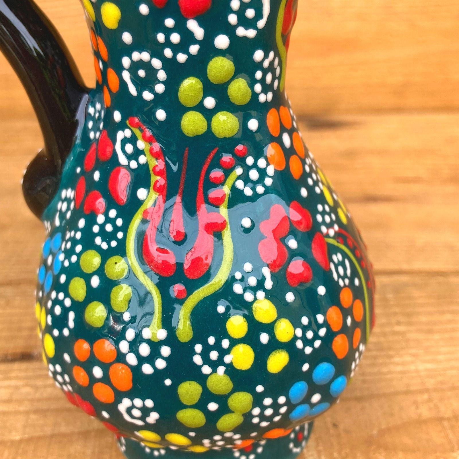 15cm【トルコ】手描き 花瓶 フラワーベース 取手付き＊緑＊キュタフヤ陶器