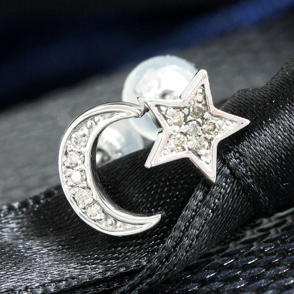 大人気♪ 0.04ct ダイヤモンド K18 wg ムーン スター ピアス 鑑別 