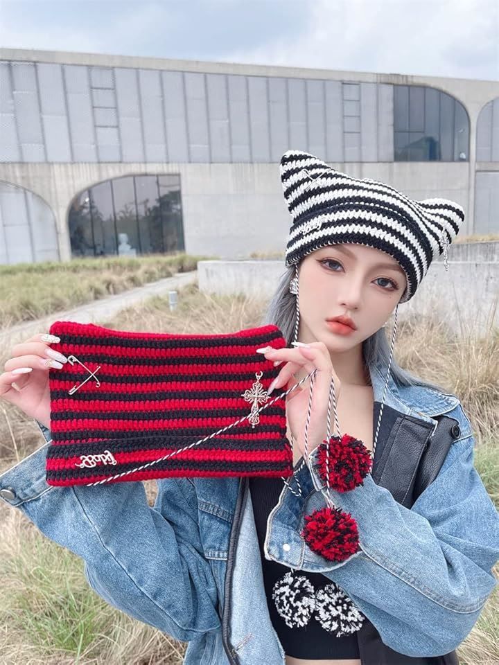 ❤︎‬猫耳帽子 ニット帽　y2k　レトロ パンク サブカル‪‪❤︎ Amazon | [§Bg3] Bg3 猫耳ニット帽 猫耳 帽子 サブカル系 y2k