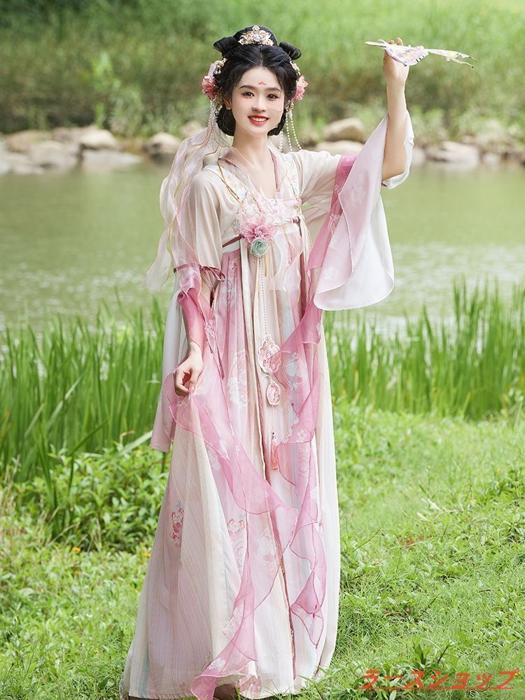 漢服 豪華刺繍デザイン ももいろぎょくいろ オリジナルデザイン 唐風復刻漢服 刺繍入り 豪華4点セット トップス＋スカート＋ショール＋ベルト 夏用 ピンク 優雅でフェミニンなスタイル 撮影会 舞台演出 イベント用 プレゼントにも最適