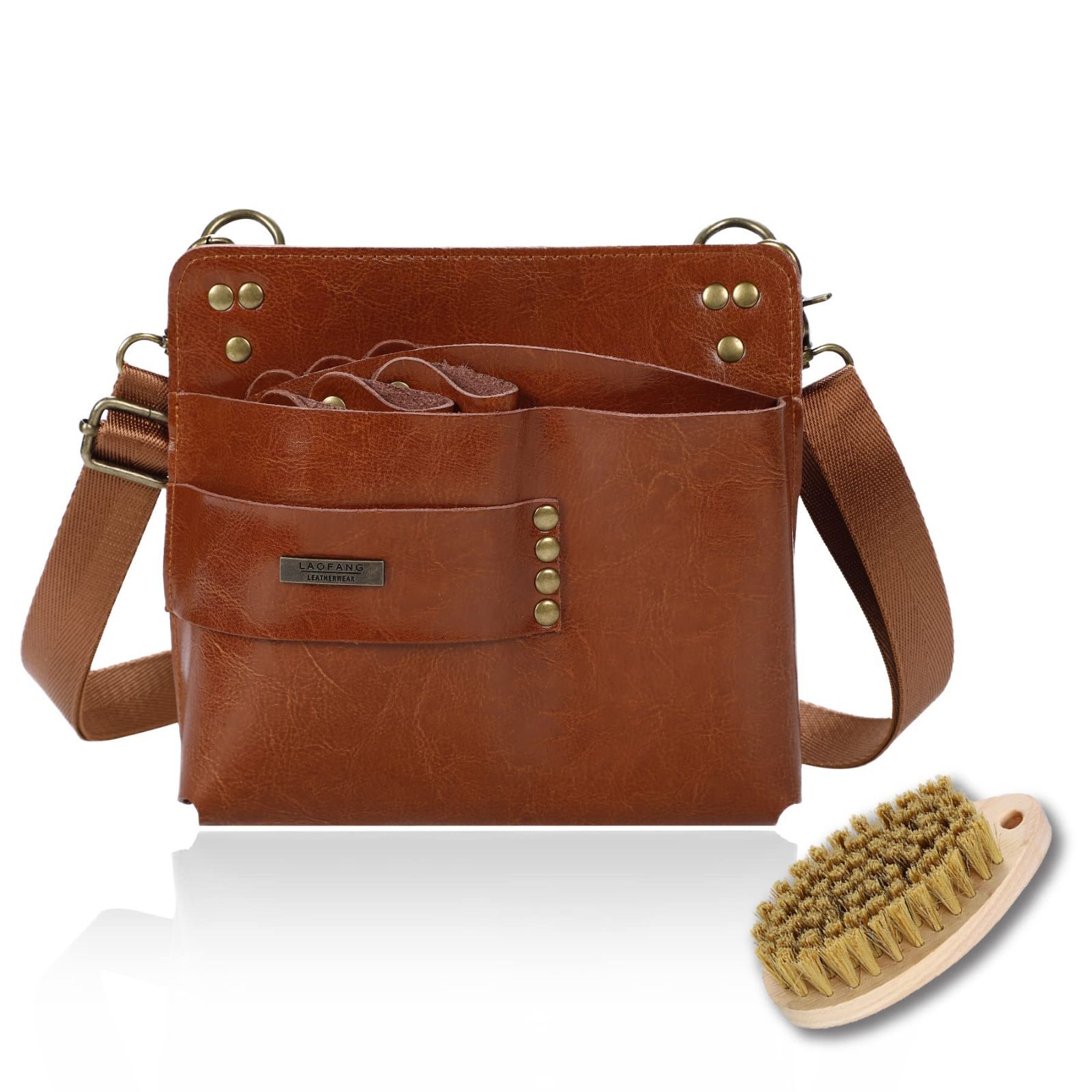 【在庫処分】ハサミ7丁 ブラシ付 スクエア型 本革 美容師 シザーケース フローリスト KONGPEN