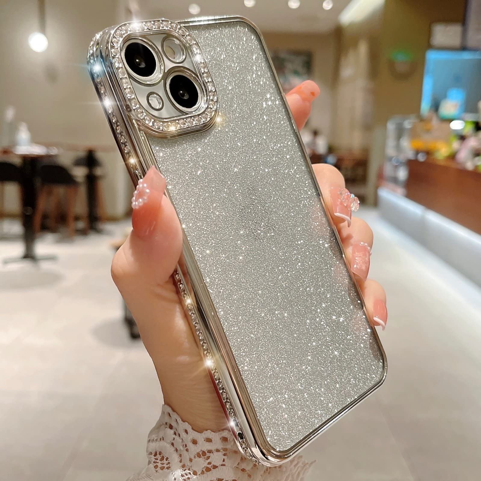 【在庫処分】for iPhone15 ケース 用の豪華なキラキラ輝くダイヤモンドケース15 QziyanD カメラ保護 ソフトラインストーンメッキバンパースパンコールカバー 耐衝撃 韓国 かわいい-Silver-for iPhone 1
