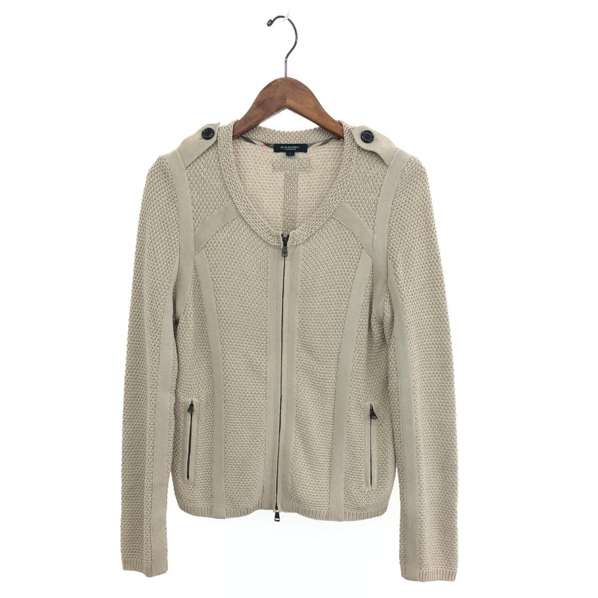 良好 BURBERRY LONDON バーバリーロンドン ノーカラ― ジップアップ ニット ブルゾン サイズ:2 ベージュ レディース 241005004799