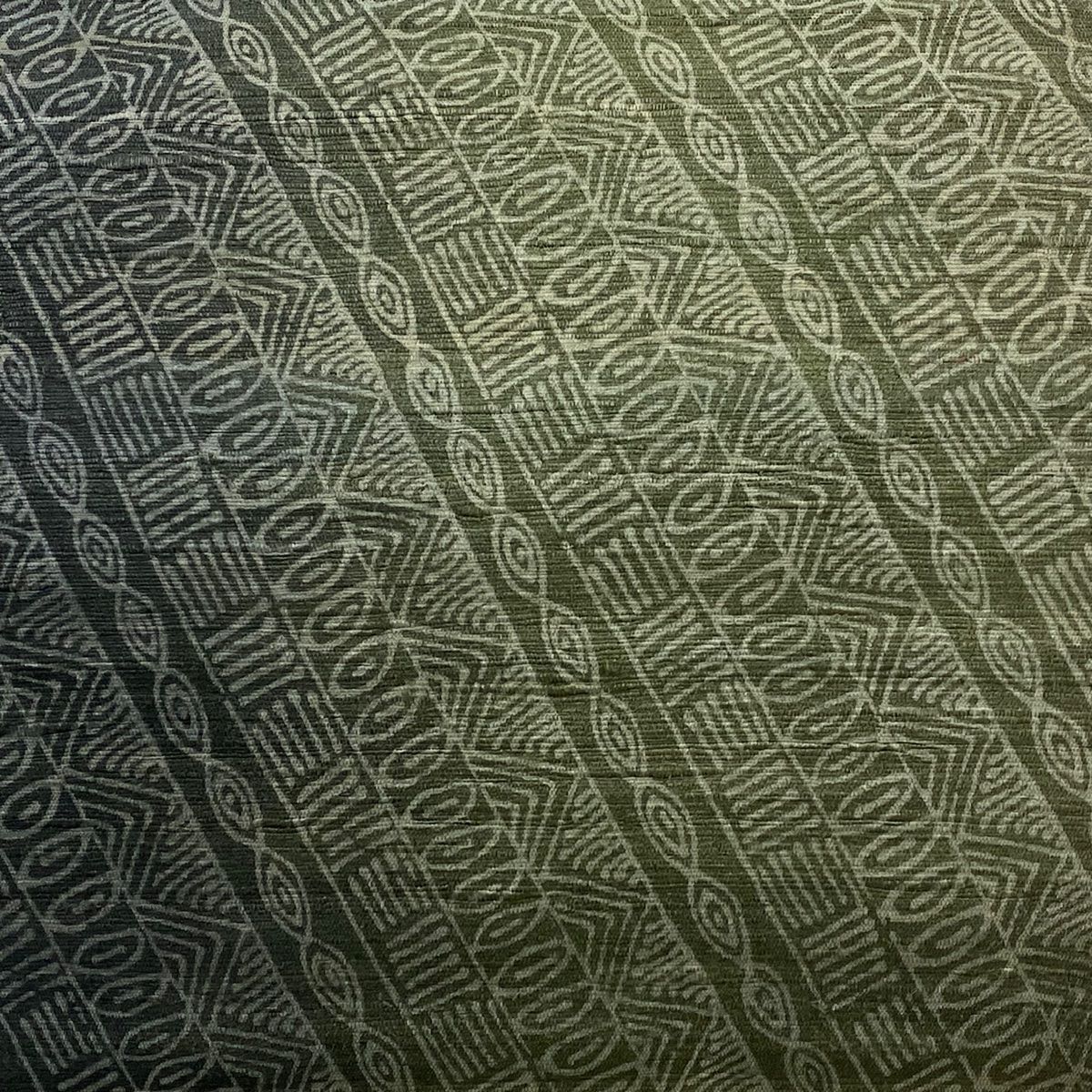 袋帯 秀品 紬地 斜縞 幾何学模様 ぼかし 茶緑色 全通 正絹