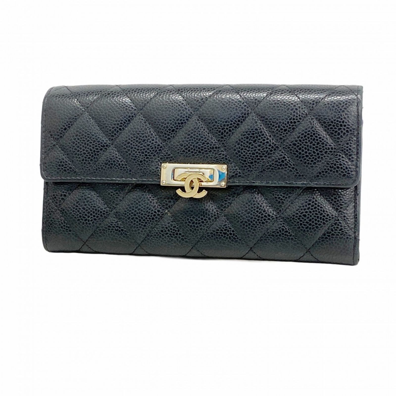 シャネル Chanel シャネル 長財布 マトラッセ キャビアスキン ブラック シャンパンレディース