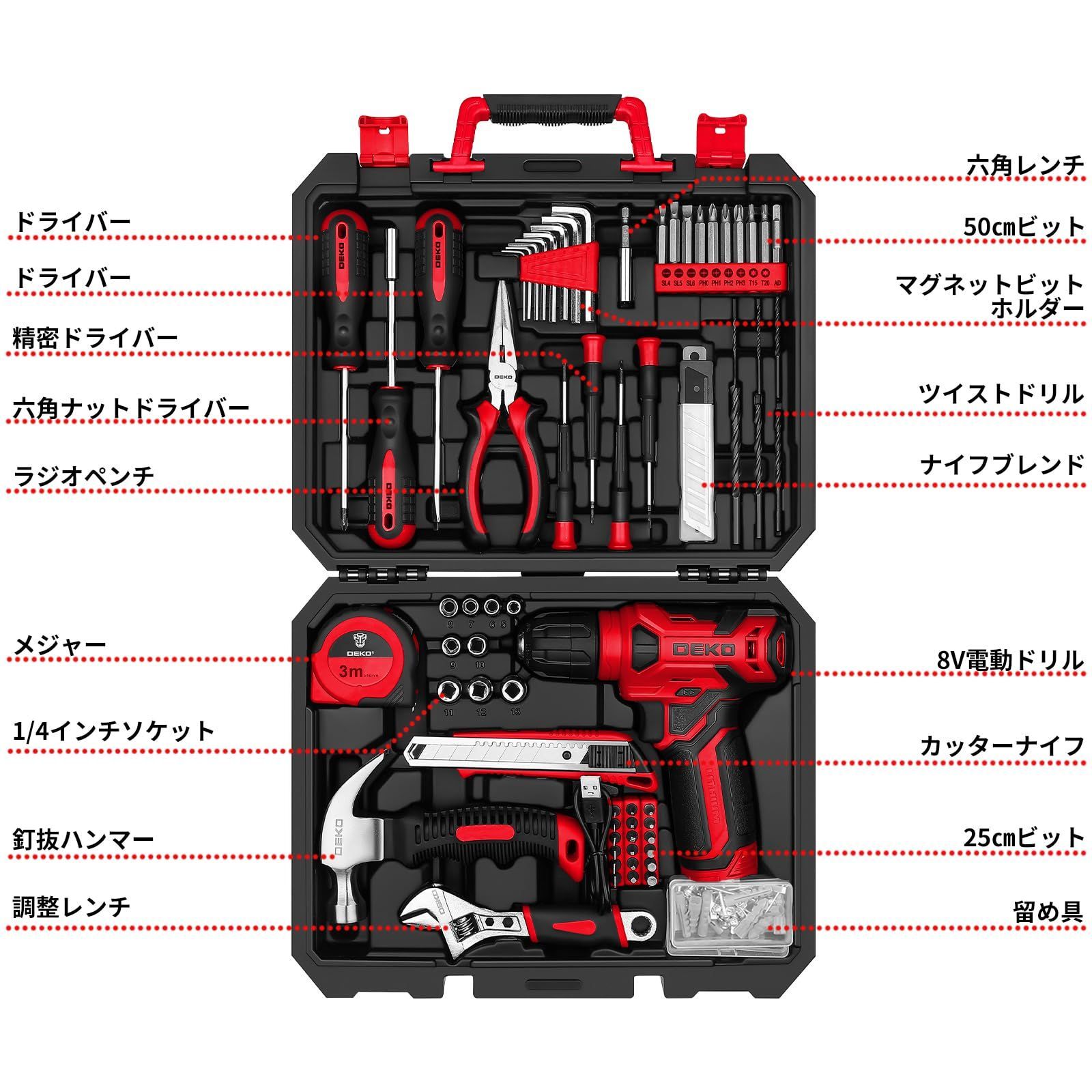8V電動ドリル付き】 工具セット 126点組 ピンク ホームツール