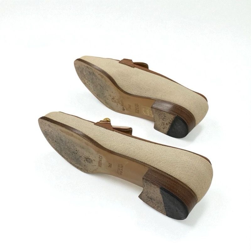 エルメス HERMES ベージュ キャンバス レザー ローファー エルメス