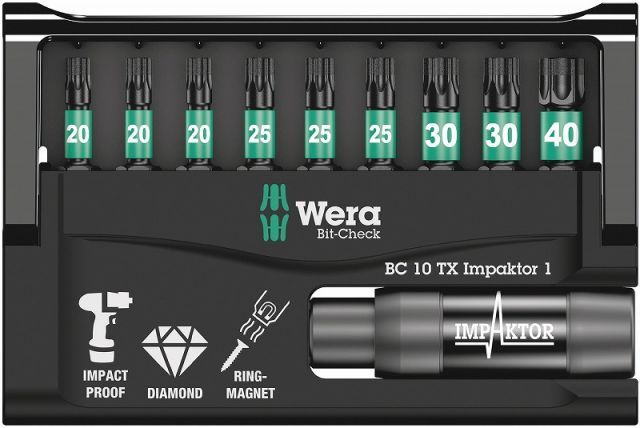 Wera1 4インパクトドライバートルクスビットセット10点セット IMPAKTORダイヤモンド コーティングBit-Check10 TX IMPACTOR1 057688