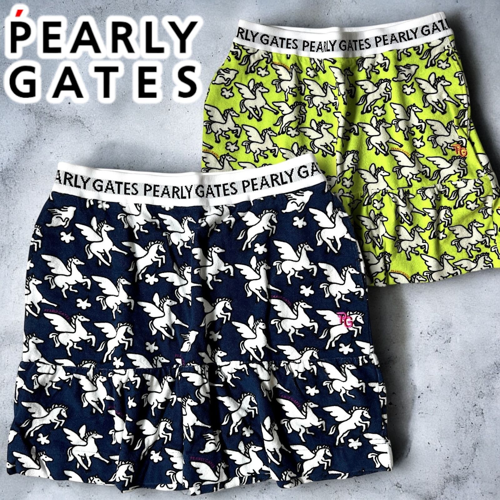 PEARLY GATES パーリーゲイツ ペガサス総柄 パイルスカート 日本製 Made in japan コットン混 PG刺繍 ストレッチ ゴルフスカート ゴルフウェア レディース GOLF スポーツ ネイビー系 ライトグリーン系