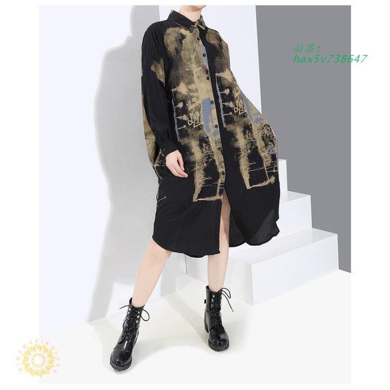 ワンピース レディース 長袖 シャツワンピース ロング丈 総柄 モード系 OIS17 おしゃれ グレー 柄物 お出かけファッション イベント ゴールド ブラック hax5v738647