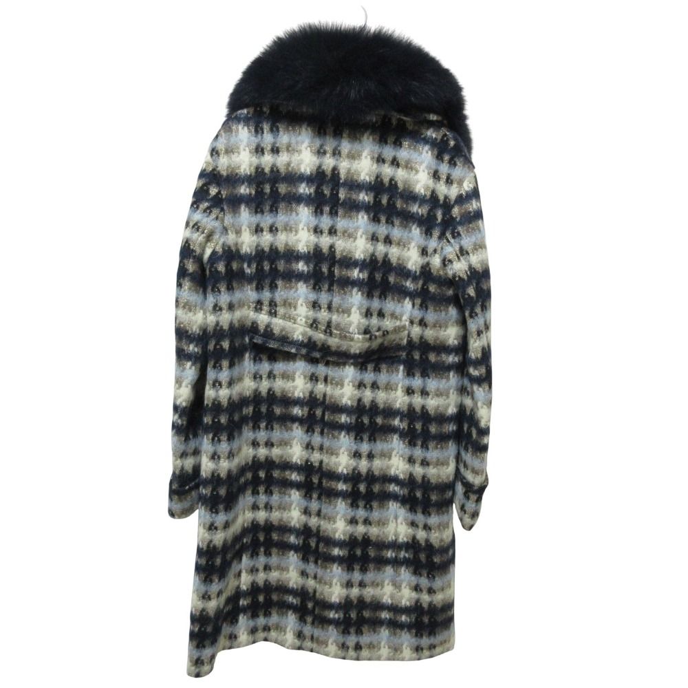 GRACE CLASS グレースクラス モヘア アルパカブレンド フォックスファー衿ラメチェックコート ダブルブレストコート 38 ネイビー レディース 古着