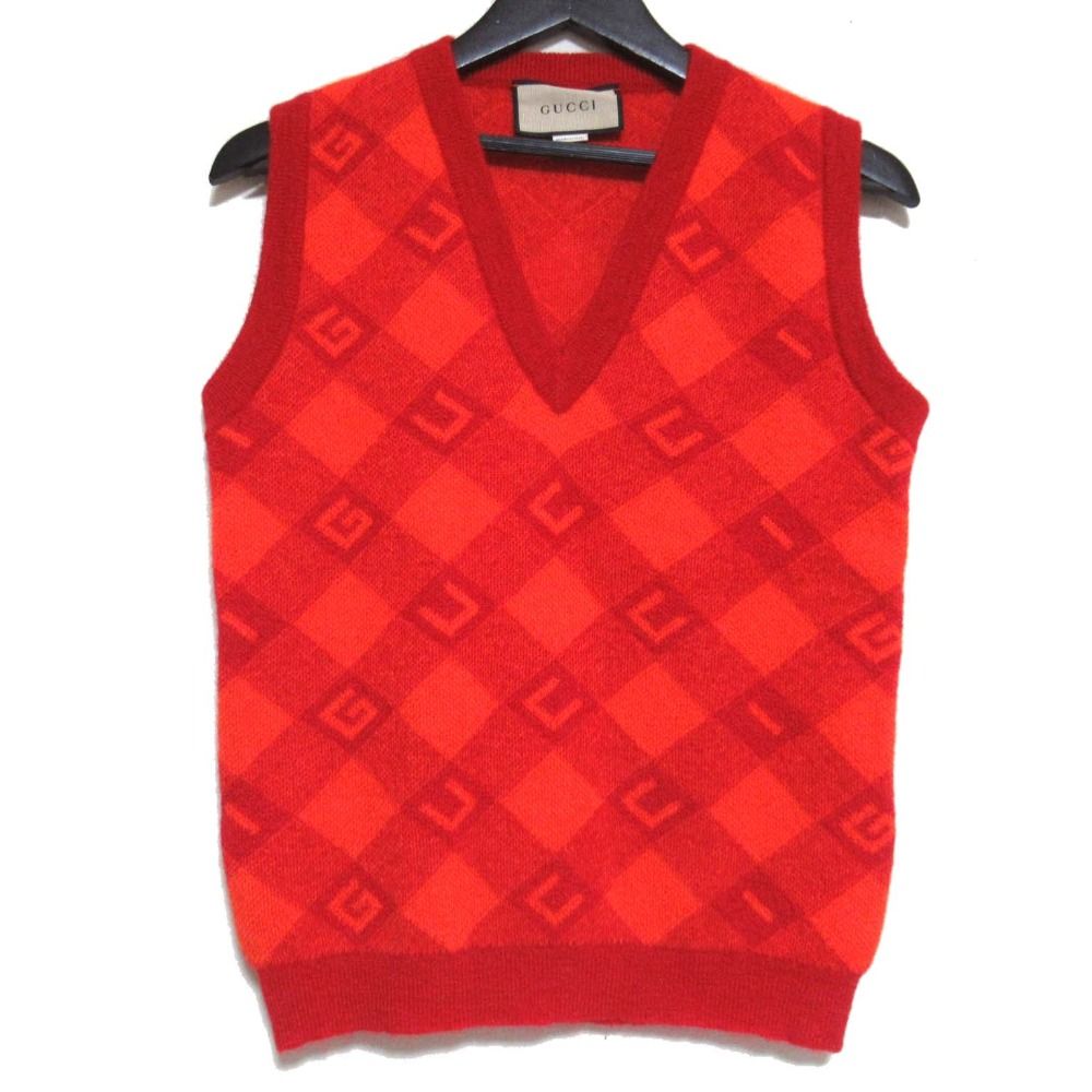 22SS GUCCI グッチ チェック柄 モヘヤ Vネック プルオーバー ニットベスト 650397 XKBM8 Sサイズ 165|88Y オレンジ レッド メンズ レディース 古着