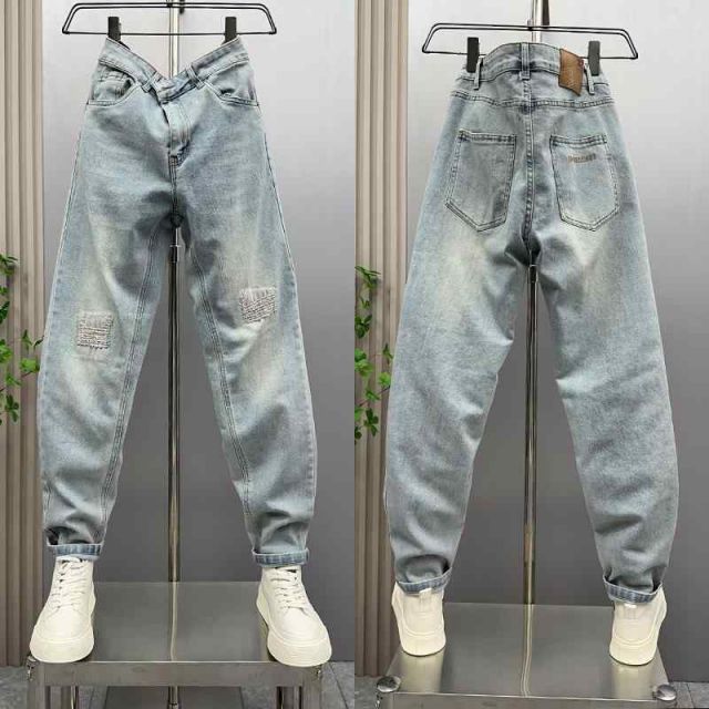 メンズ ファッション 服 男性用 オシャレ シンプル 大人 かっこいい ストリート  夏 ライト ブルー リップド ジーンズ スリム フィット スキニー 快適 ロング パンツ ズボン 履物 