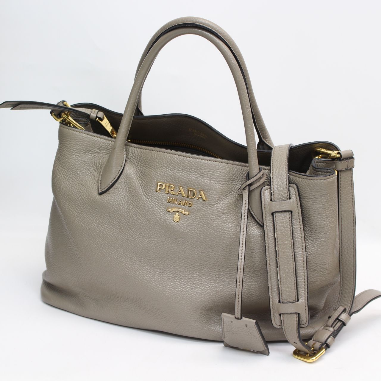 IS279 PRADA プラダ ロゴ 2WAY レザー ハンドバッグ 1BA579 グレー系×ゴールド金具 ハンドバッグ