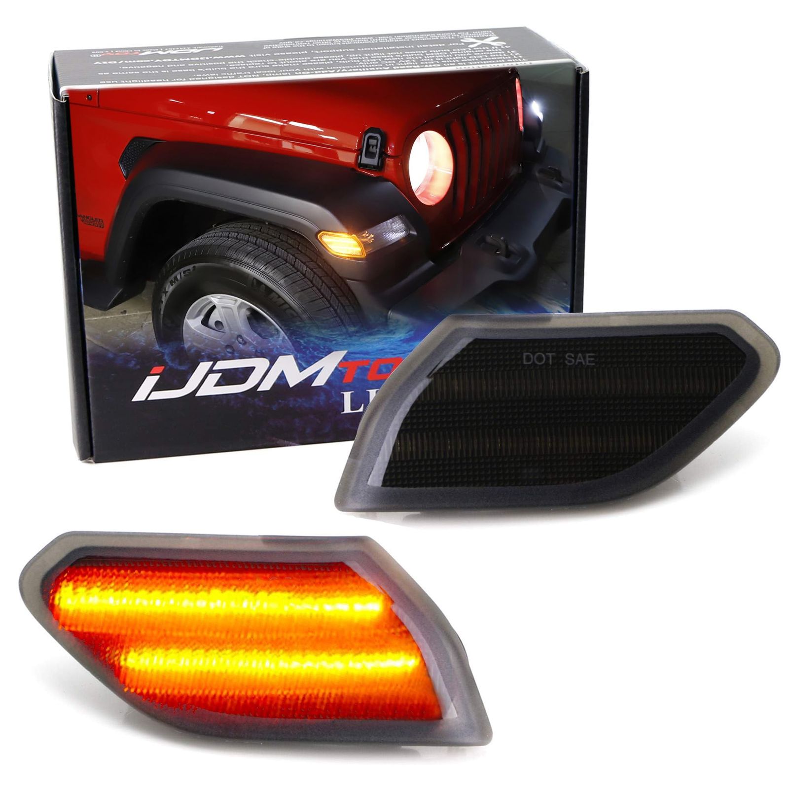 iJDMTOY ダークスモークレンズ アンバー フルLED サイドマーカー ライトキット Jeep 2018年以降のラングラー JL 2020年以降のグラディエーター 27ダイオードLEDで駆動 OEMアンバーサイドマーカーランプの交換