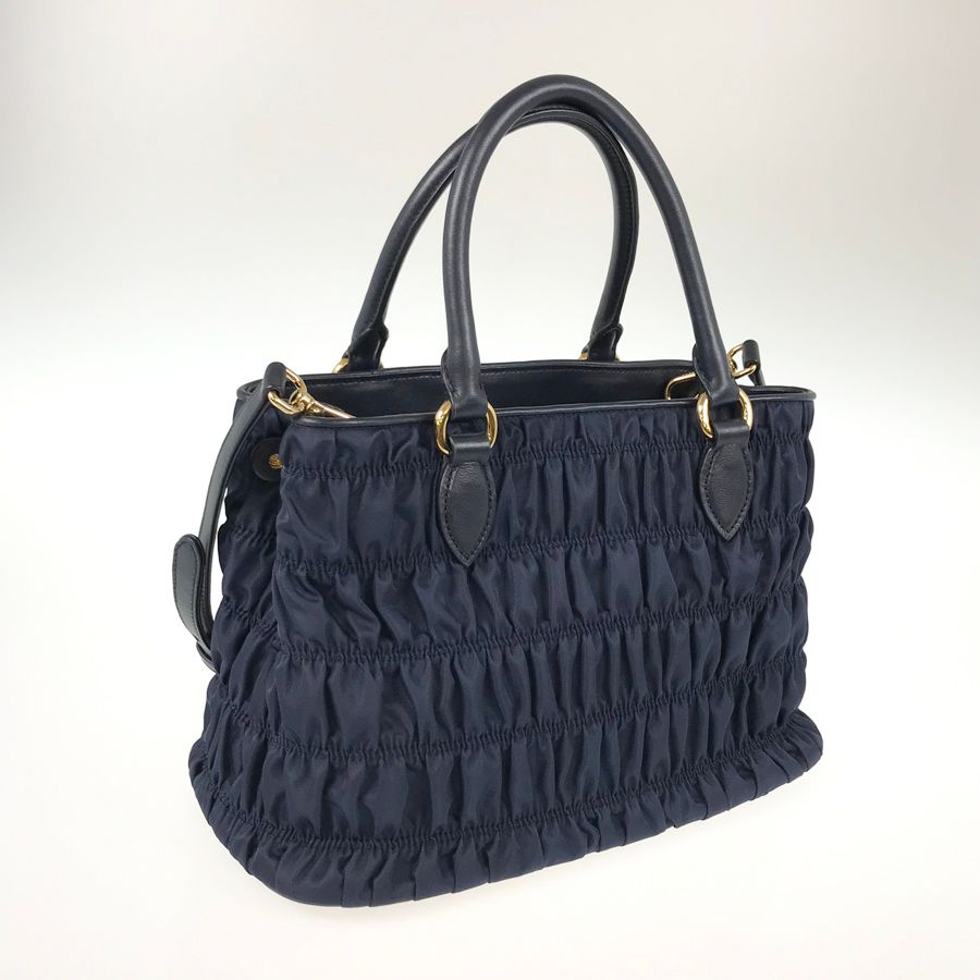 PRADA ネイビーレザー ショルダーバッグ ギャザー入り