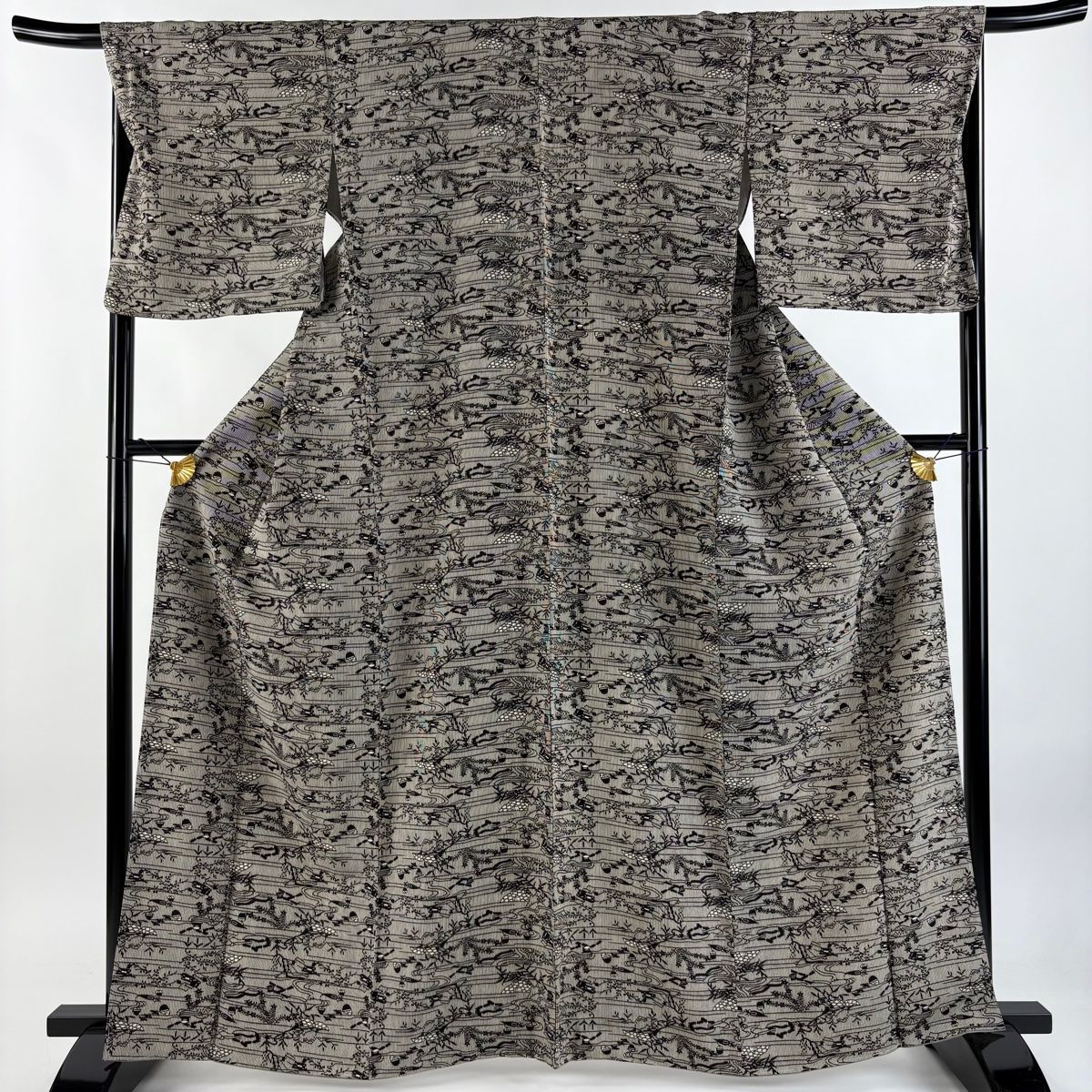 小紋 身丈164cm 裄丈67.5cm L 袷 落款 小縞に吉祥御所模様 灰色 正絹