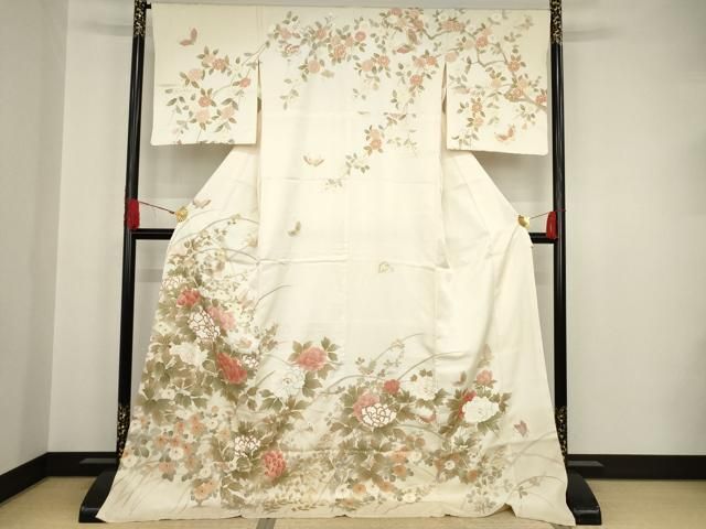 訪問着 貝合わせに熨斗 金彩花模様 豆青色 しつけ糸 K-3652 平和屋着物＊夏物 訪問着 絽 舟 金彩 正絹 逸品 DAAW0128op 平和