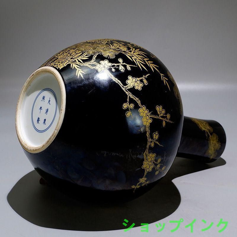 清康熙烏金釉本金手描き松鶴延年天球瓶 景徳鎮 陶磁器 装飾品現代工芸品美術品置物 清康熙烏金釉本金手描き松鶴延年天球瓶 景徳鎮 陶磁器 装飾品