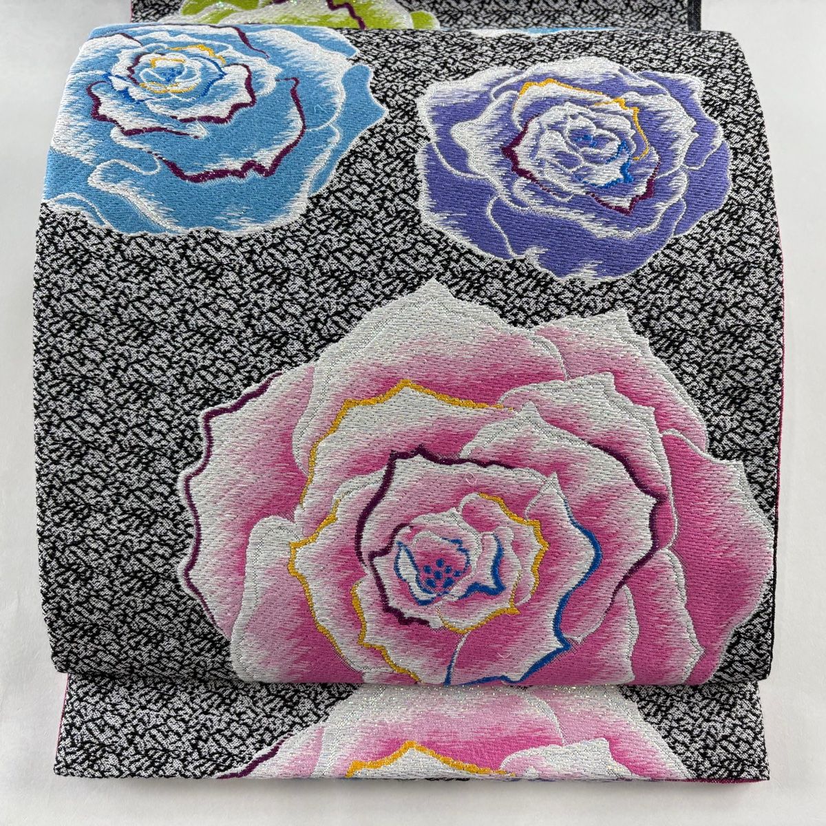 美品 薔薇 着物 正絹“より多くの幸せを呼ぶお手伝い”袋帯 4370