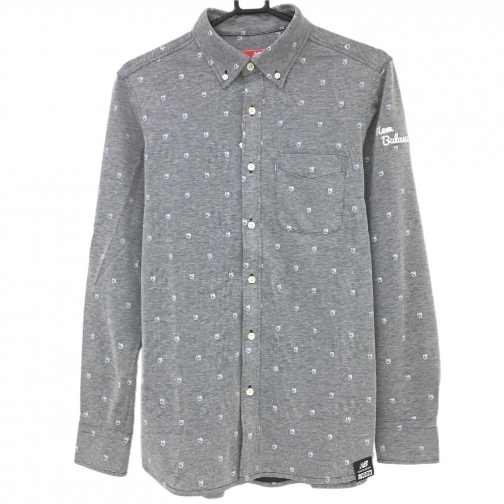 SALE5％OFF【新品】ニューバランス 長袖シャツ 杢ネイビー系×ライトブルー ロゴ総柄 ボタンダウン  メンズ 5(L) ゴルフウェア New Balance