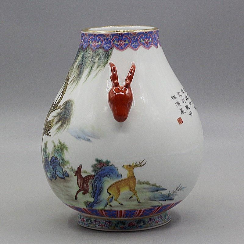 中国美術 両耳鹿頭福筒 開運 風水招財 陶磁器 装飾品 現代工芸品