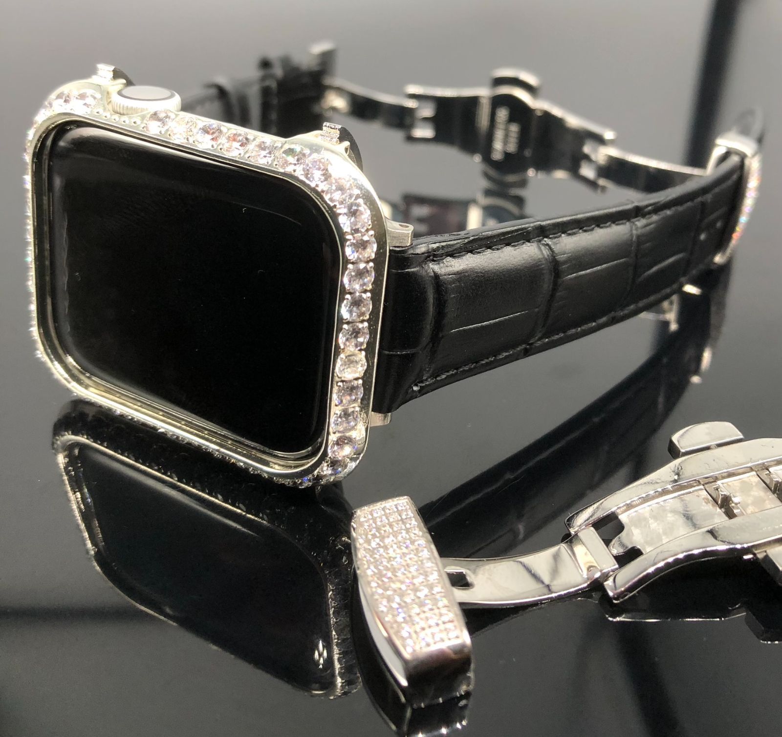 GimelZセット zzc ブラック シルバー アップルウォッチバンド 高級レザー 本革ベルト Apple Watch キラキラ カバー ケース  se メンズ レディース 38mm 40mm 41mm 42mm 44mm 45mm
