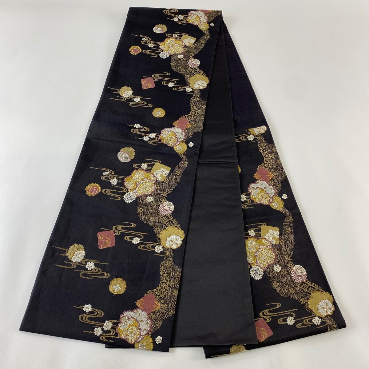 メルカリ便 ハナタイロ ちとせ 袋帯 美品 名品 やまと 桜 霞 金銀糸 箔 濃紫 六通 正絹 【中古