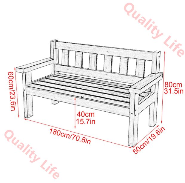 背もたれと肘掛け付き屋外ベンチ