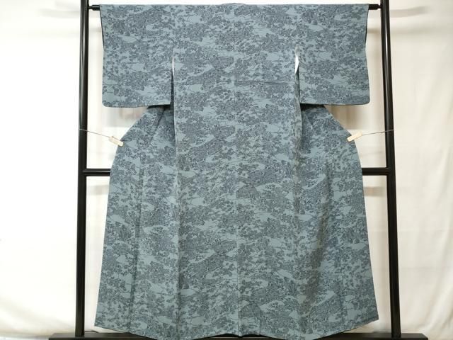 平和屋着物○こんや 天然藍染 色無地 草花地紋 濃鼠色 正絹 逸品