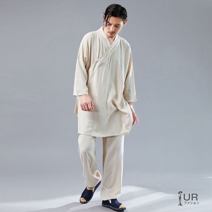 セットアップ メンズ 上下セット 綿麻 甚平風 和風 羽織 作務衣 男性用