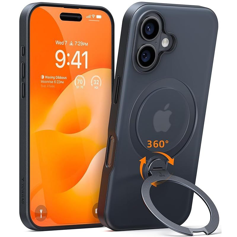 【多機能一体・360°新定点回転スタンド】TORRAS iPhone 16 用 ケース 縦横両対応 リング付き マグネット搭載 ワイヤレス充電対応 耐衝撃 防指紋 半透明 あいふおん16 用ケース Ostand Q3 Spin ブラック 1