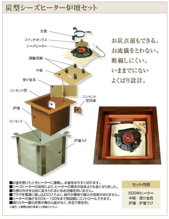 炭型シーズヒーター炉壇セット茶道具S501