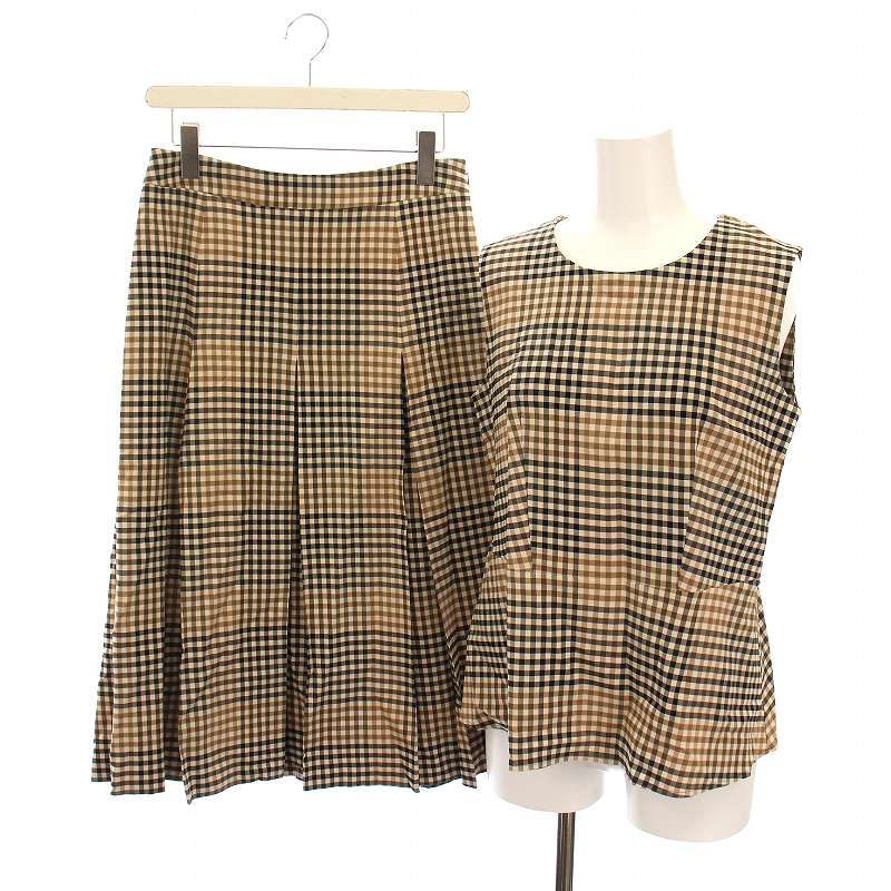 セオリーリュクス theory luxe TRAD.PLAID VIVA SABEEN セットアップ 上下 チェック ノースリーブ カットソー プリーツスカート ミモレ丈 38 40 ベージュ 茶 黒 |YM