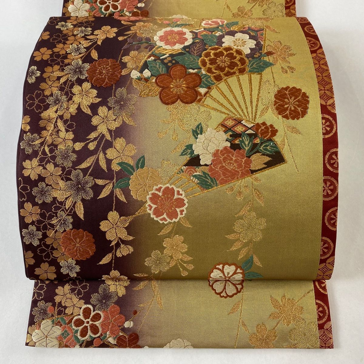 袋帯 秀品 扇 桜 箔 金糸 黄土色 六通 正絹 【中古】