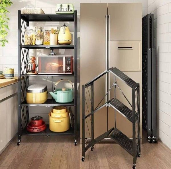 ♥ 食器棚 折りたたみスチールラック 5段 幅71cm×奥行34cm×高さ155cm キッチン収納 インストール不要で開いてすぐ使える レンジラック レンジボード コンパクト キッチンラック 電子レンジ台 車輪付き 移動便利 倉庫