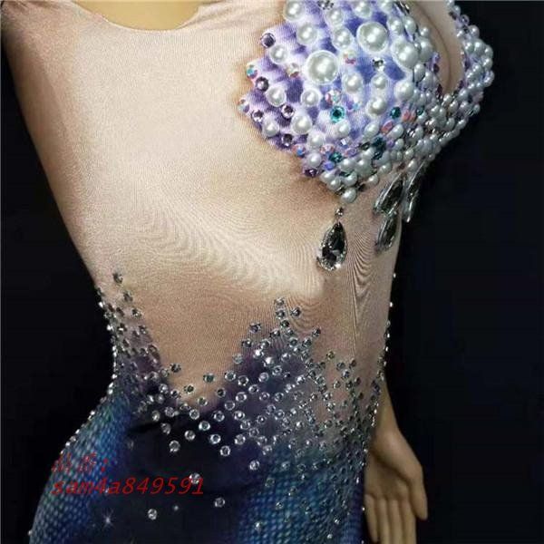 ラインストーンダンスドレス 歌手ステージダンスラインストーンイブニング末尾ドレス プリントブルーマー メイドテールスカート am4a849591